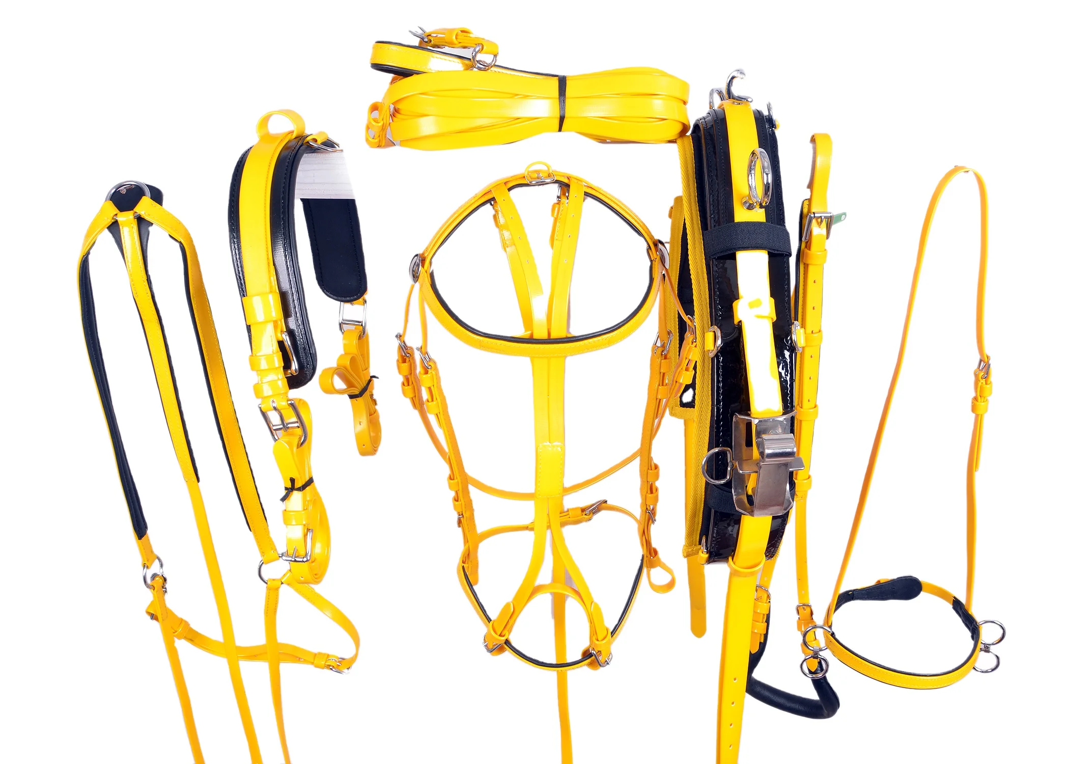 Zain Tack Biothane Quick Hitch Horse Harness Set – Brown/Yellow With Chrome Brass Hardware