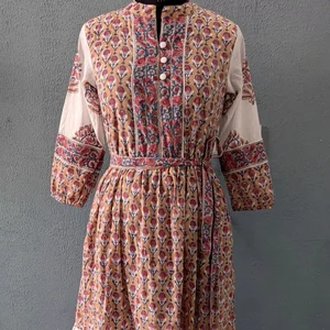 Block Print Soft Cotton Maxi Dress Vacation Dress V-neck Long Sleeve Floral Print Cotton Linen Long Maxi Dress with Belt