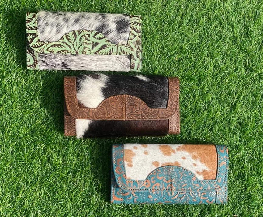 New Stylish Women Cowhide Fur Carving Leather Clutch Handmade Design