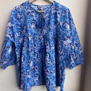 Casual Floral Block Print Cotton Maxi Dress Summer Tunic Top with Deep Neck String Closer Tank Sleeves Hand Embroidered