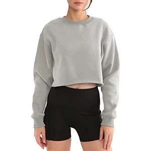 Cropped Fit Sweatshirt High Weight Polyester Cotton Loose Open Hem Dropped Shoulders Casual Women Sports Wear