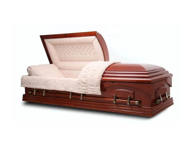 Funeral Classic Teak Finish and Beige Velvet Interior burial vault combo bed Wooden Cremation casket and coffin