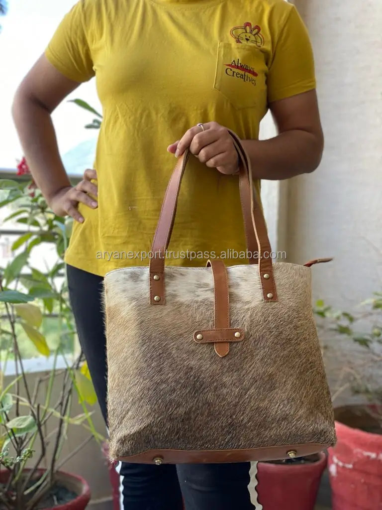 Stylish Fur Leather Tote Bag Cowhide Leather Handbag Shopping Bags