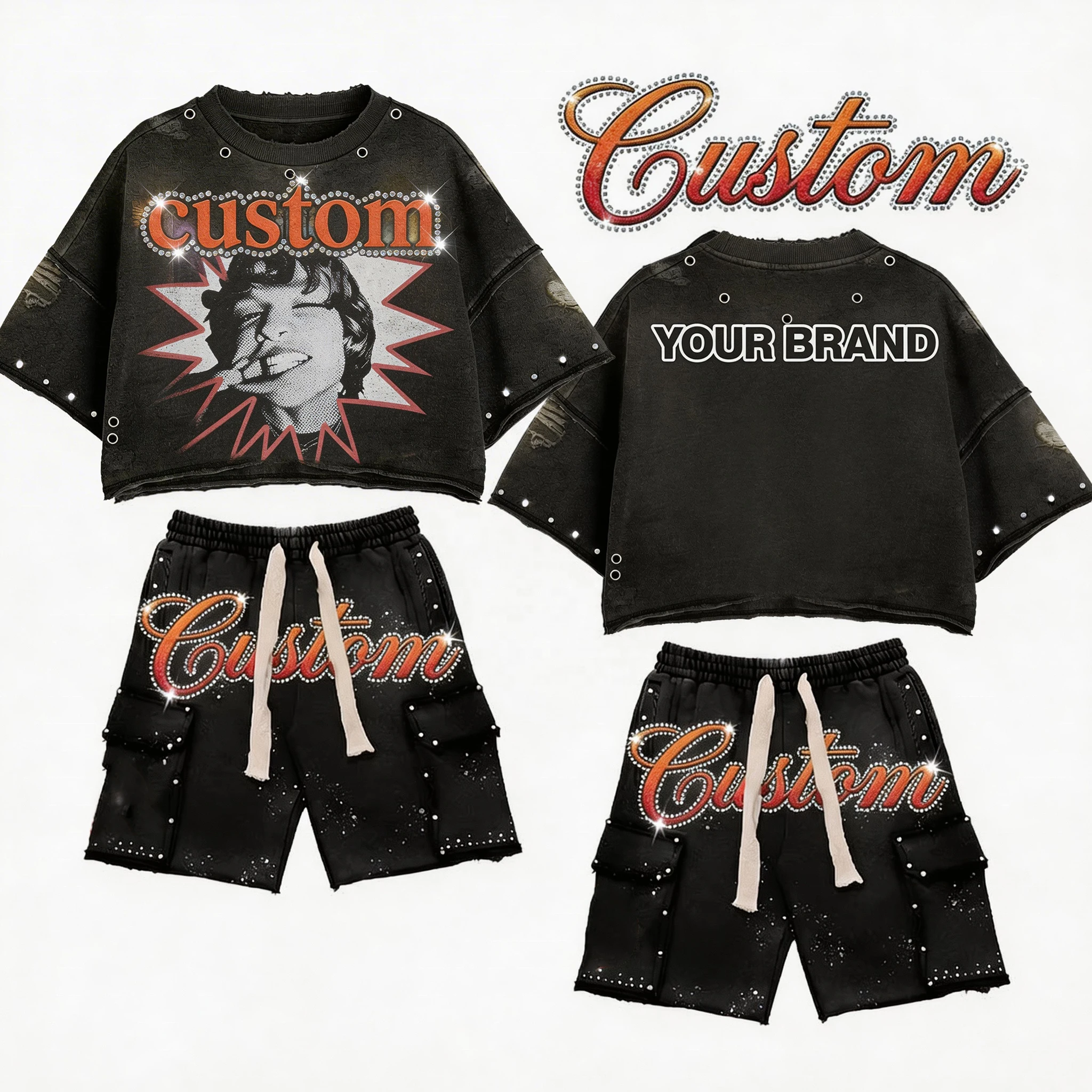 Glory Custom Graphic Crop T Shirt & Shorts Oversized Premium Quality Drop Shoulder Half Sleeve Distressed Set For Unisex