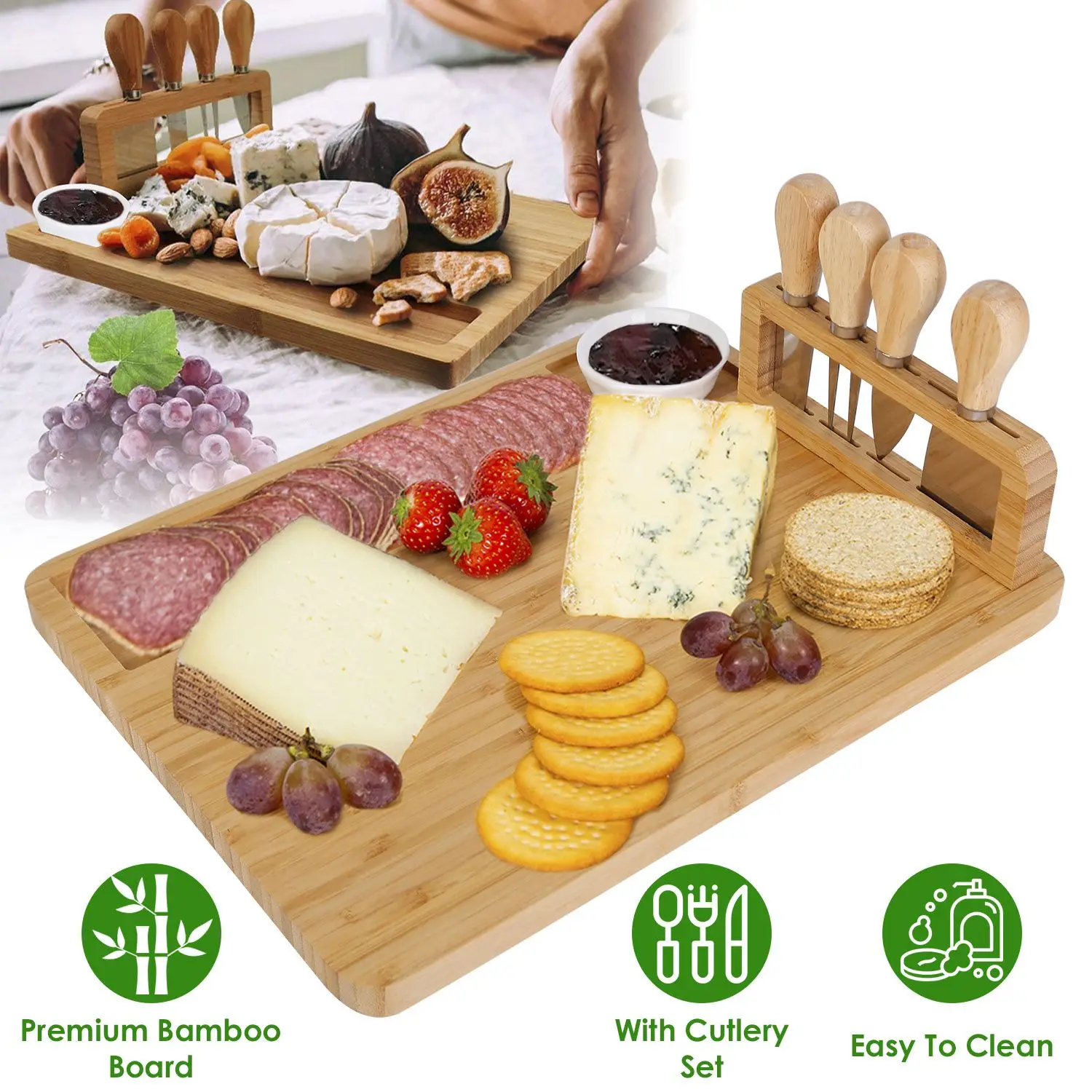 Bamboo Cheese Board Cutlery Set Elegant Charcuterie Platter Tray For Weddings Birthdays Christmas Party Tableware Decorations - Image 4