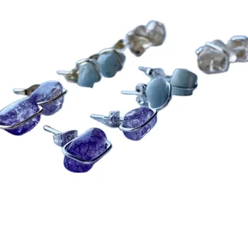 925 Silver Aquamarine, Yellow , Purple Quartz, Tanzanite Raw Gemstone Stud Earrings,