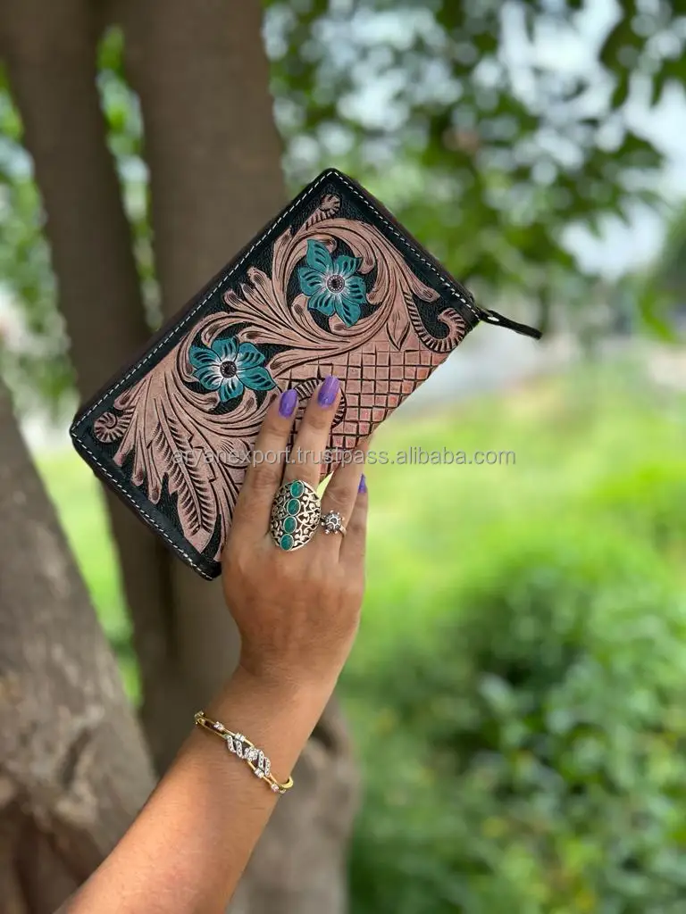 New Western Style Coloured Tooled Leather Clutch Women Designed Purse