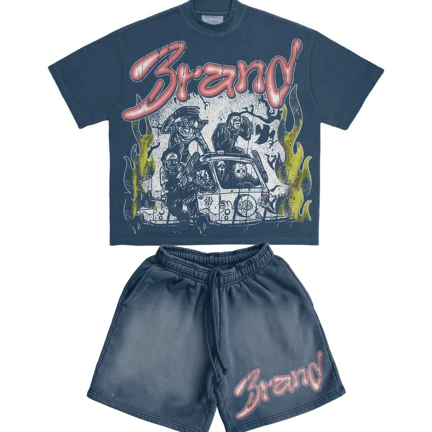 Custom Washed Cotton T Shirt Set Street Wear Graphic Print Crew Neck t Shirt With Summer Shorts Matching Outfit For Unisex Wear