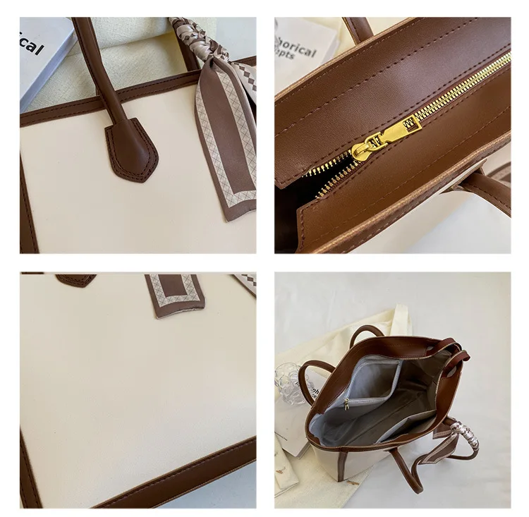 Fashion Retro Solid Color PU Zipper Waterproof Portable Tote Bag Women's 2025 Spring New Large Capacity All Seasons