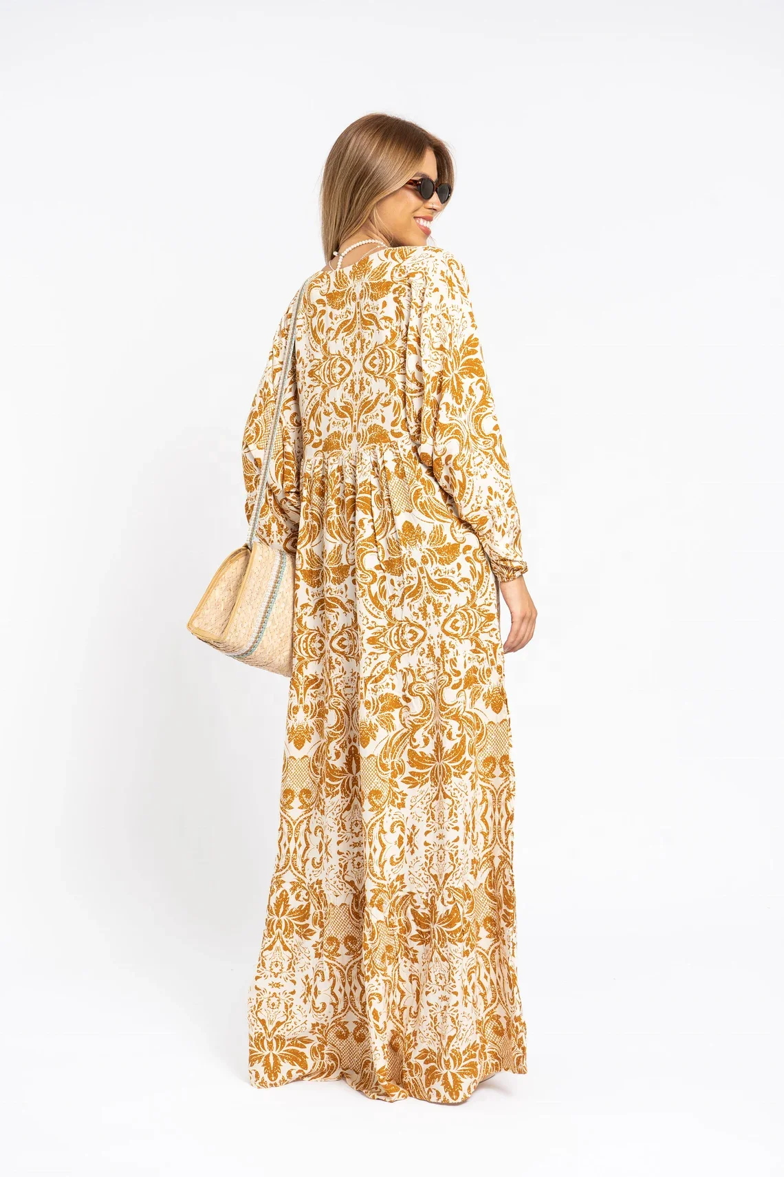 Breezy Puffy Sleeves Mustard Yellow Print Caftan Dress for Women