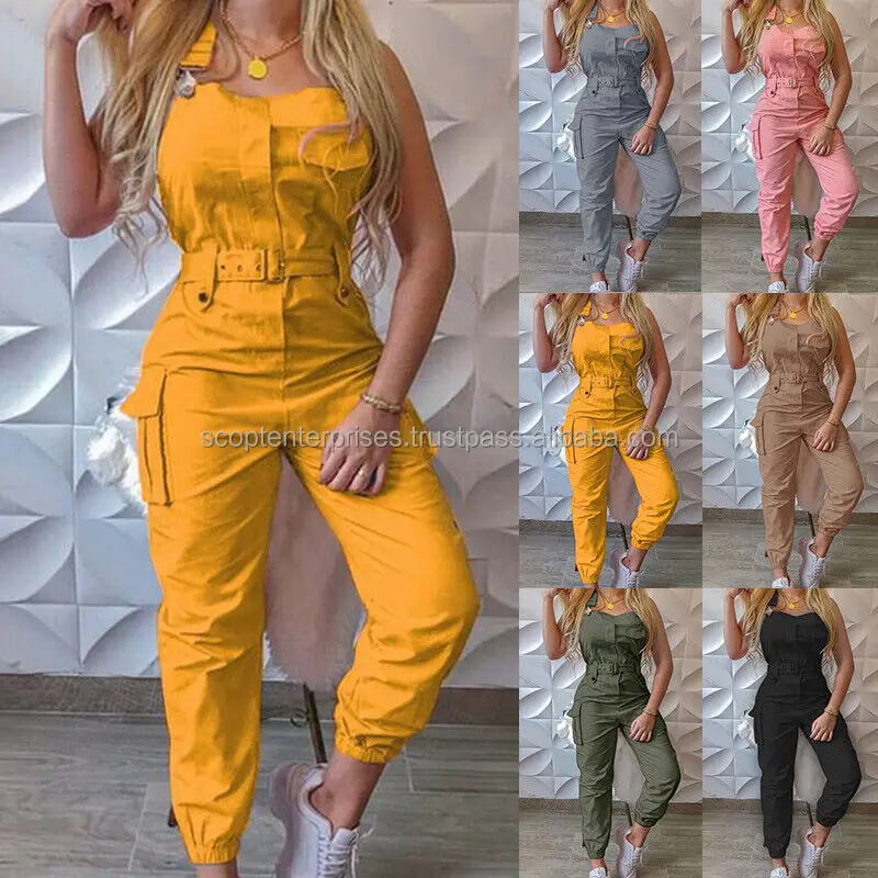 Women's Pocket Belted Cargo Jumpsuit Lady Casual Plus Size Solid ...