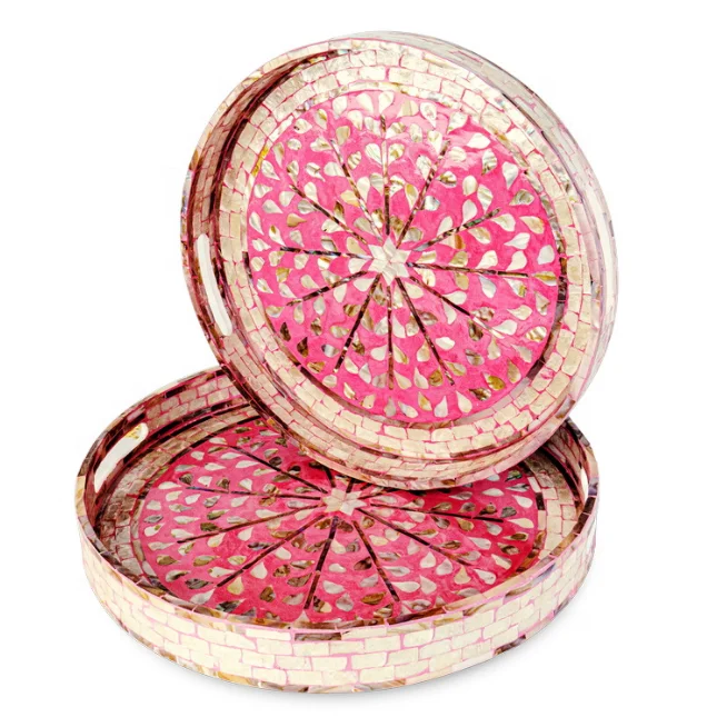 Eyecatching Mother Of Pearl Round Serving Tray In Pink Color Buy