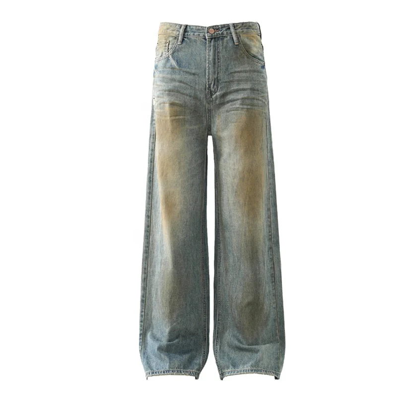 High Quality Factory Wholesale Custom Design Casual Vintage Grunge Dirty Washed Denim Pants Distressed Straight Jeans for Men