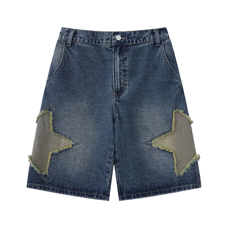Premium Custom Men's High Waist Denim Shorts With Star Patches Sun Fade Casual Style Button Fly 100% Cotton Woven Fabric Shorts