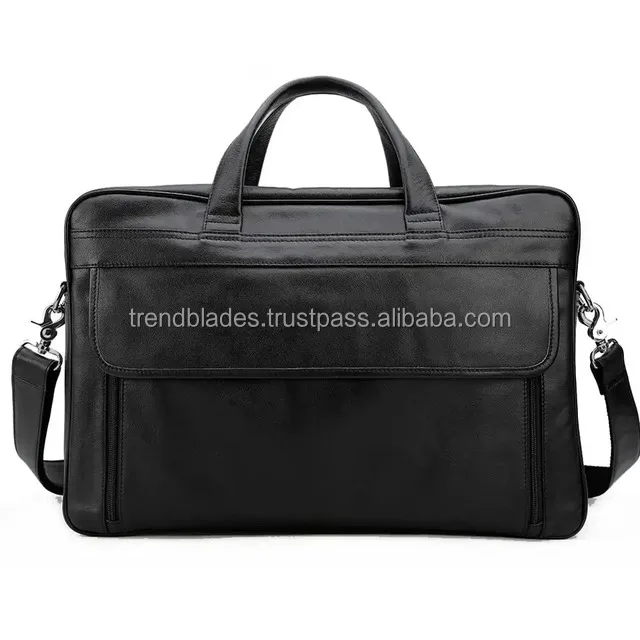 Top Grain Genuine Leather 17 Inch Laptop Briefcase Messenger Bag Black