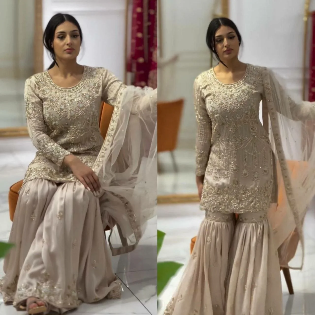 Latest Designer Heavy Georgette Embroidery Party Wear New Fancy Top-Dupatta Fully Stitched Gharara Salwar Fashion Style Kurti