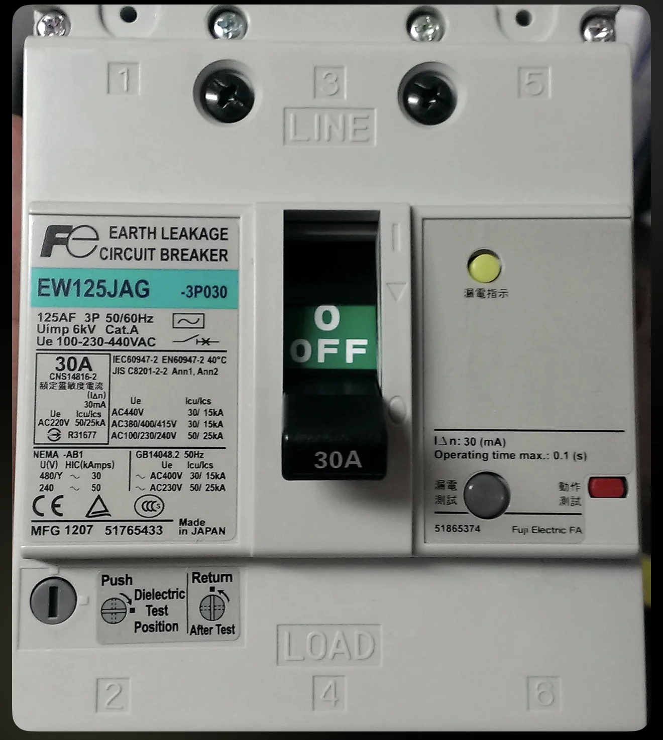 Fuji EW125JAG Earth Leakage Circuit Breaker - 60A, 3P