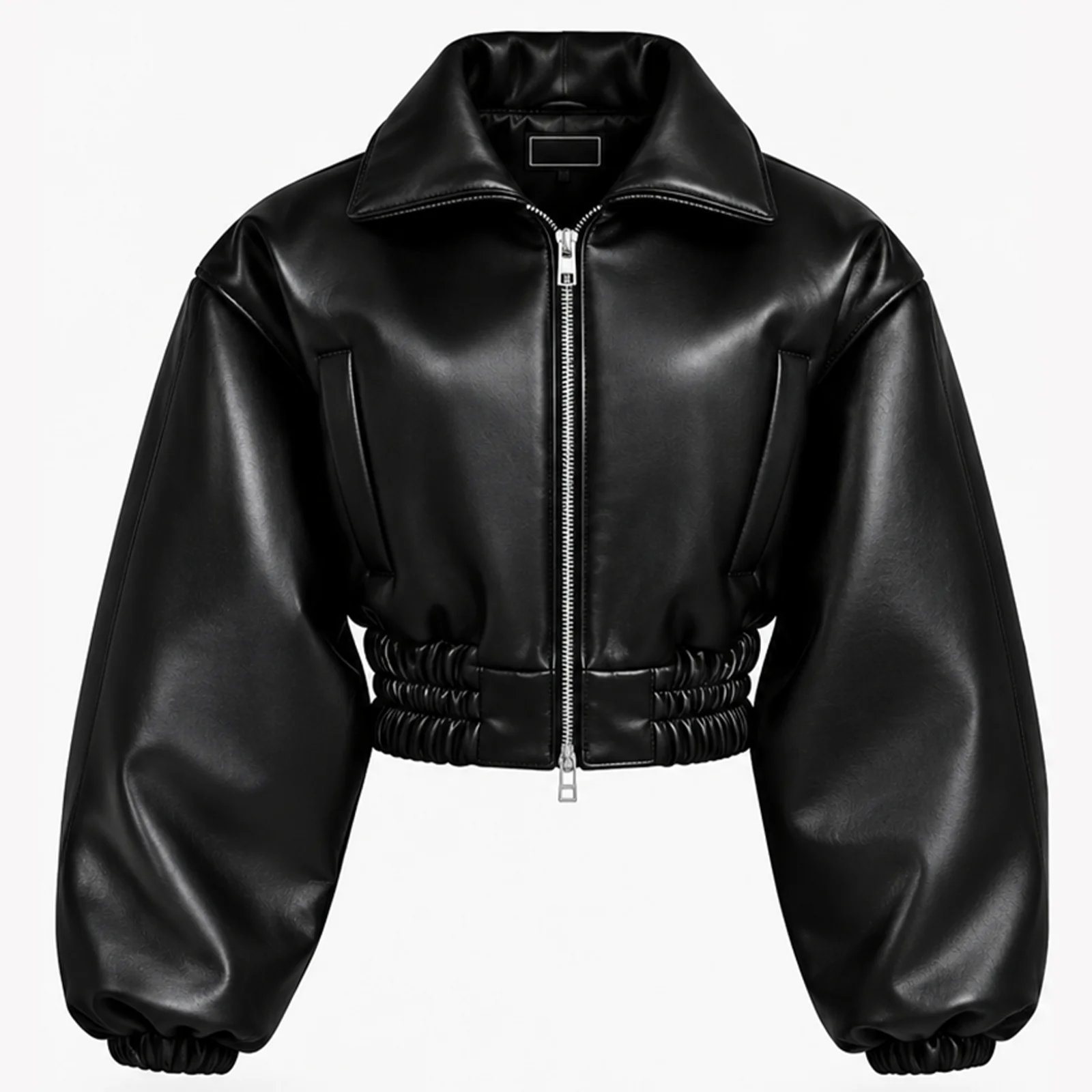 Custom Black Faux Leather Cropped Bomber Jacket with Puff Sleeves Elastic Waist Zip Up Outerwear for Women Winter Wears