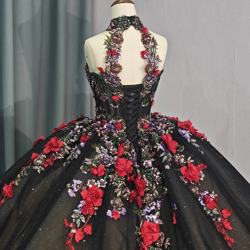 Jancember 1250 Generous Black Appliqued Flower Ball Gown Quinceanera Party  Gowns