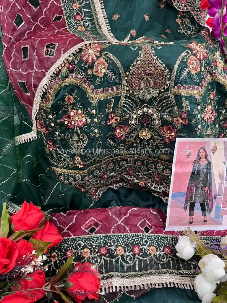 Rさん*おすすめ*パキスタンの高級オーガンザの手作りドスluxury3点 刺繍入り高級レンジFaux Organzaドレスグローバル輸出業者の