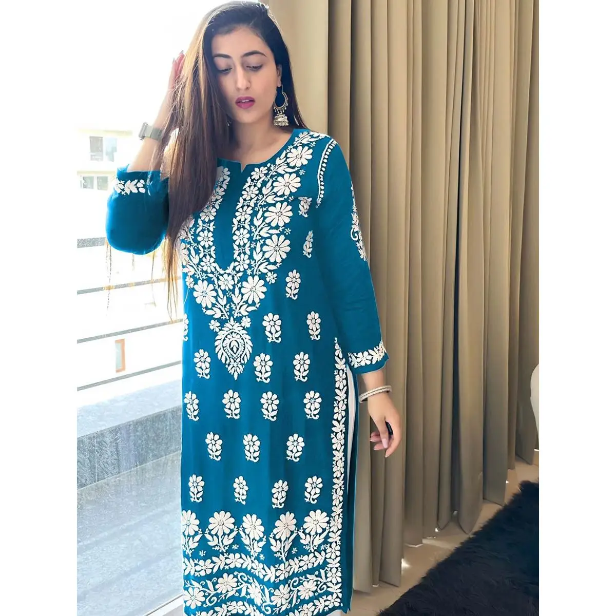 Designer Rayon Chickenkari with Embroidery Work Kurta and Bottom Set ...