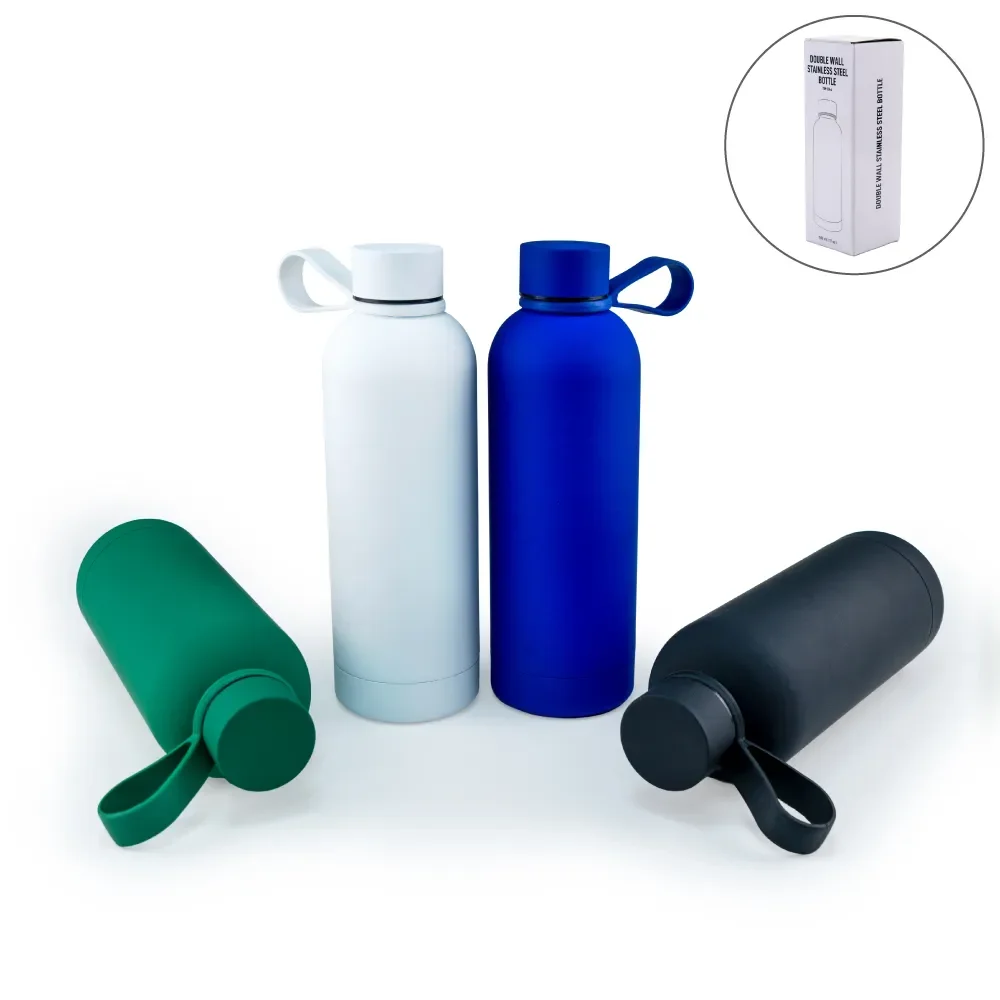 500ml Stainless Steel Water Bottle Double Wall Vacuum Design Matt Rubber Coating Minimalist Style 12-24 Hours Thermal
