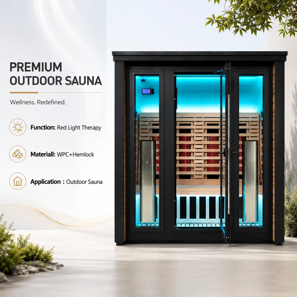 WJ-F1 ODM OEM Outdoor Infrared Sauna With Metal Integrated Top Waterproof Wood-plastic Exterior Walls