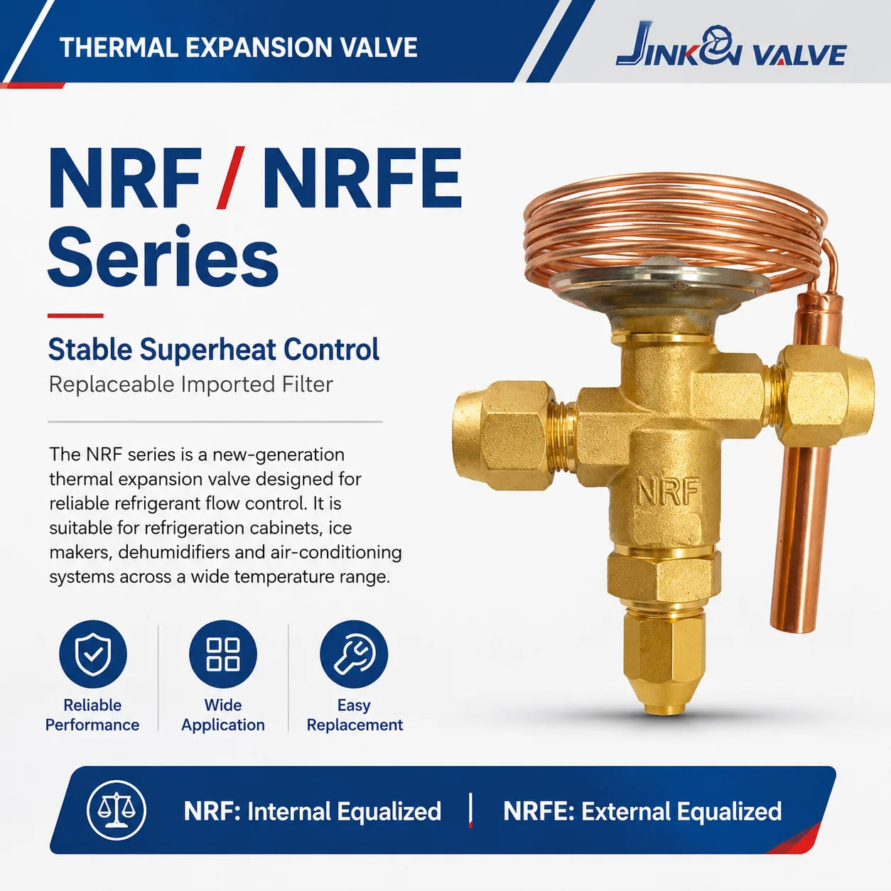 JINGKON NRF NRFE Thermal Expansion Valve HVAC Refrigeration Cabinets R22 R404A Brass TXV 1.76-42kW Power -40C +10C Media