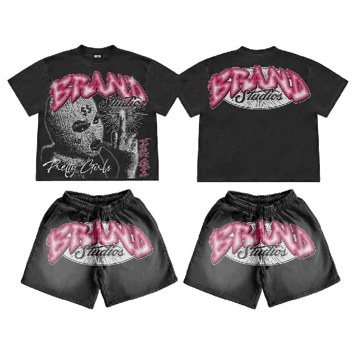 Custom Brand Studios Men's Cotton T-Shirt Shorts Set Crew Neck Print Summer Streetwear Custom Screen Print Logo Design