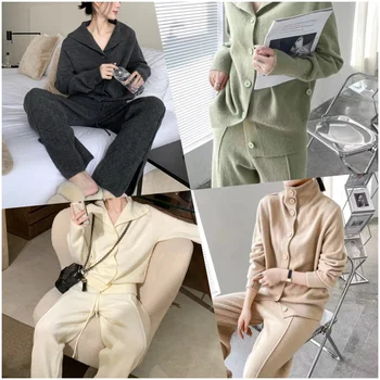 New high quality autumn and winter knit crew neck long sleeve sweater top and patchwork pants women's two-piece pants