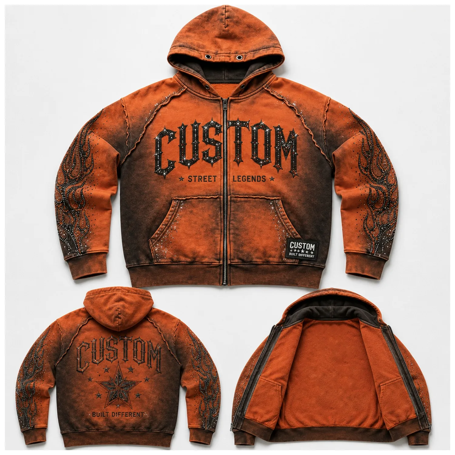 Custom Orange Vintage Graphic Hoodie Jacket with Rhinestone Details Streetwear Style Oversized Fit and Custom Back Print Design
