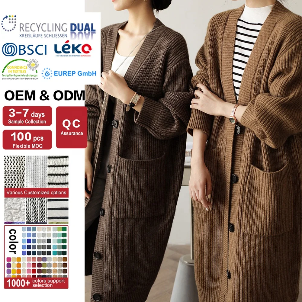 New Ladies Oversize Winter Sweaters Cardigans Single Breasted Long Woolen Coats Big Pockets Solid Knitted Cardigan for Women