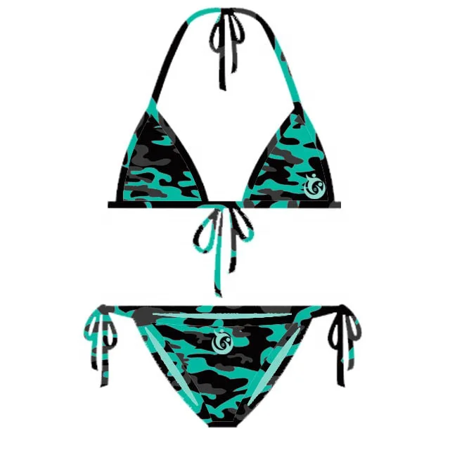 Camo Pattern Green Color High Demand Best Selling Super Quality Micro Triangle Bikini Nude Modals Wearing Mini Bikinis on Beach