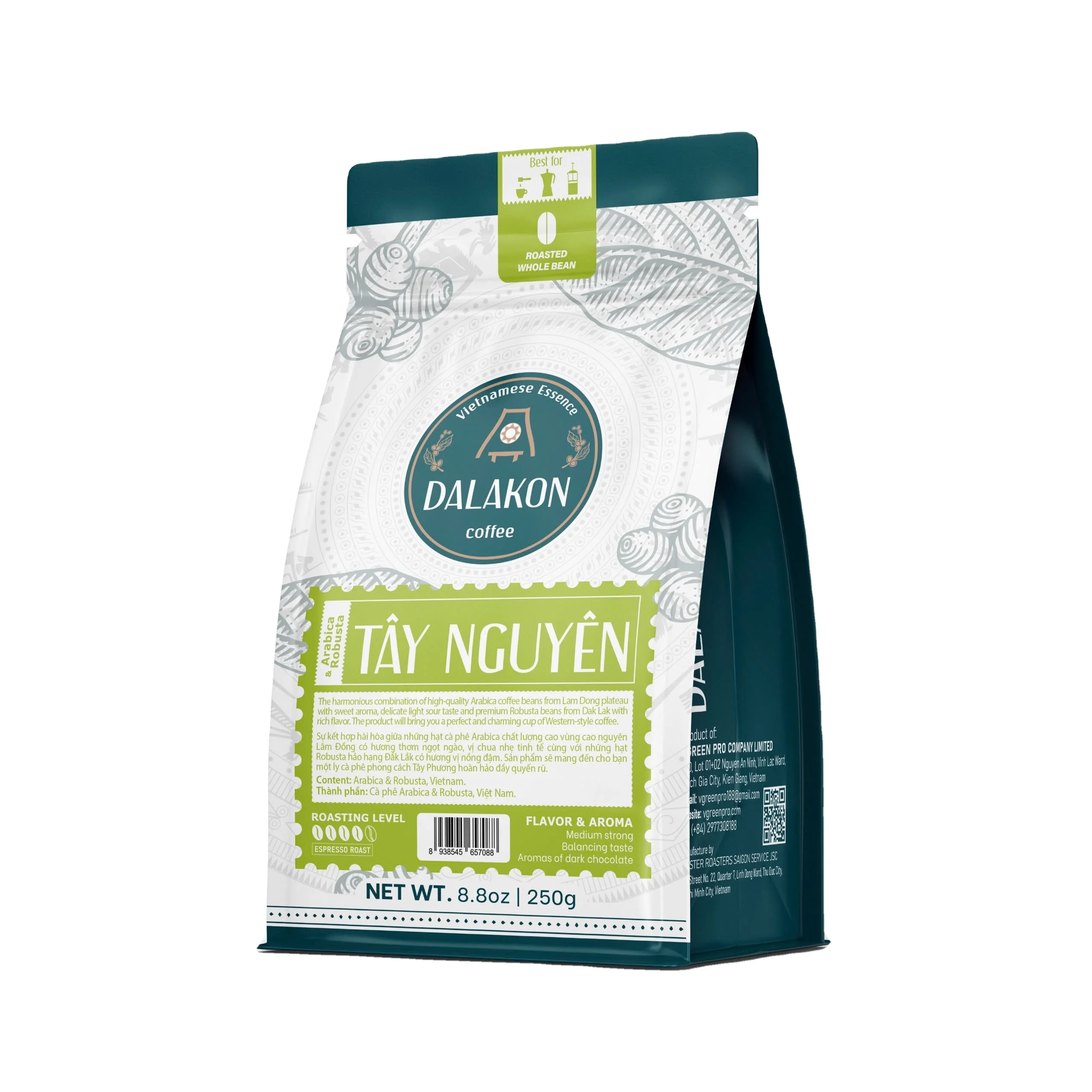 Tasty DALAKON Tay Nguyen Whole Bean Coffee Italian Roast Liberica Blend Mellow Taste Grade 1 500g Bag 24 Months Shelf Life