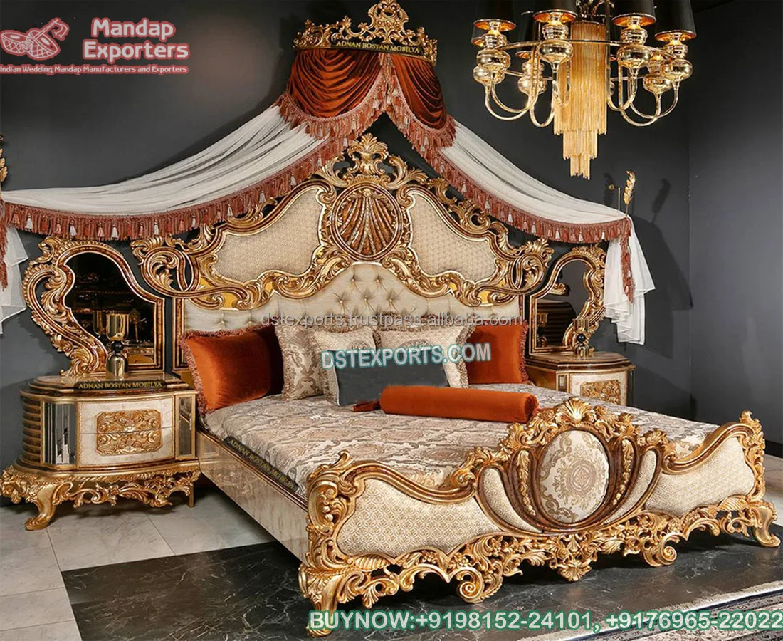 French Gold Rose Carved Bed & Night Stand Elegant Look Hand Carved