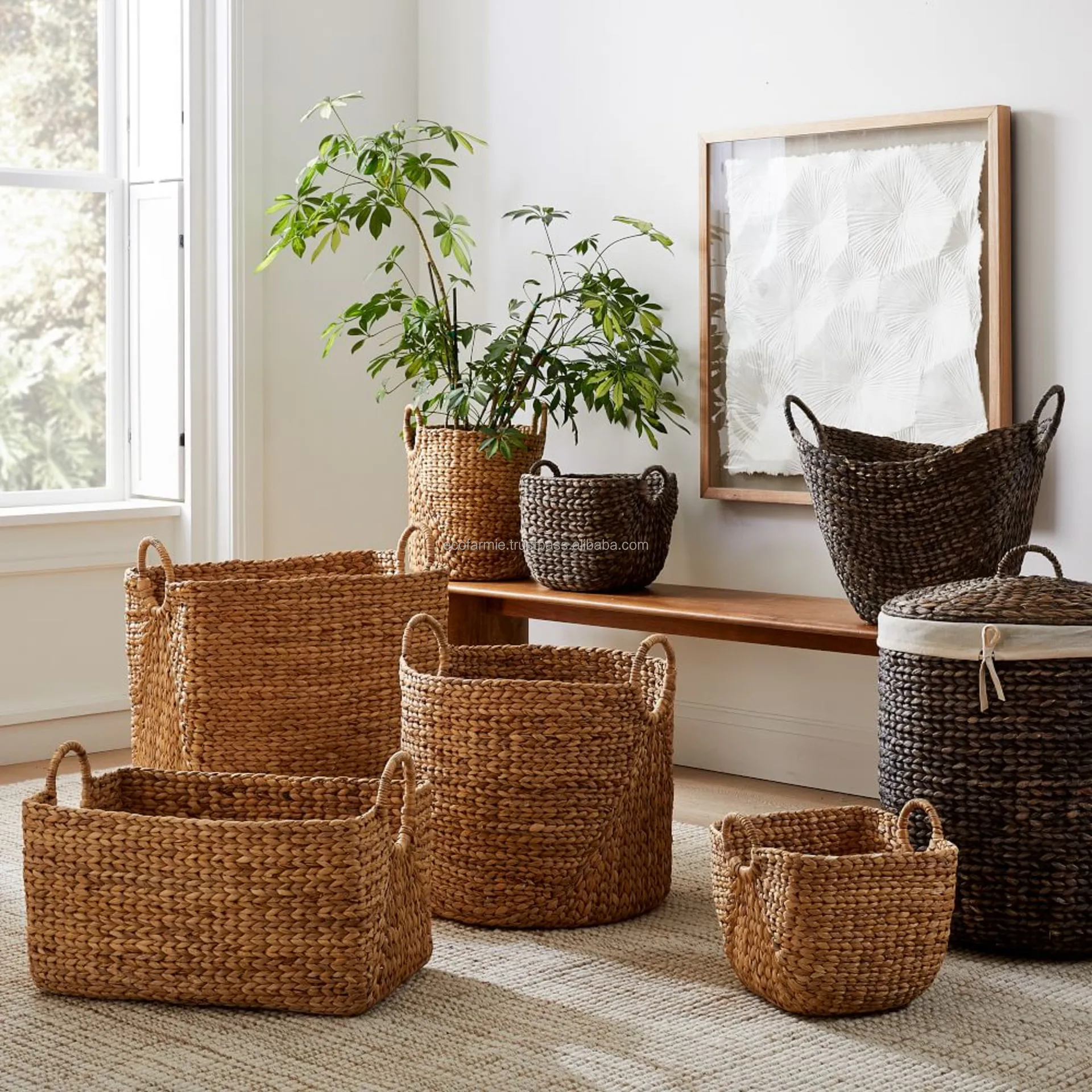 Wholesale Home Storage Organization Storage Basket With Handles Water Hyacinth Natural Weaving