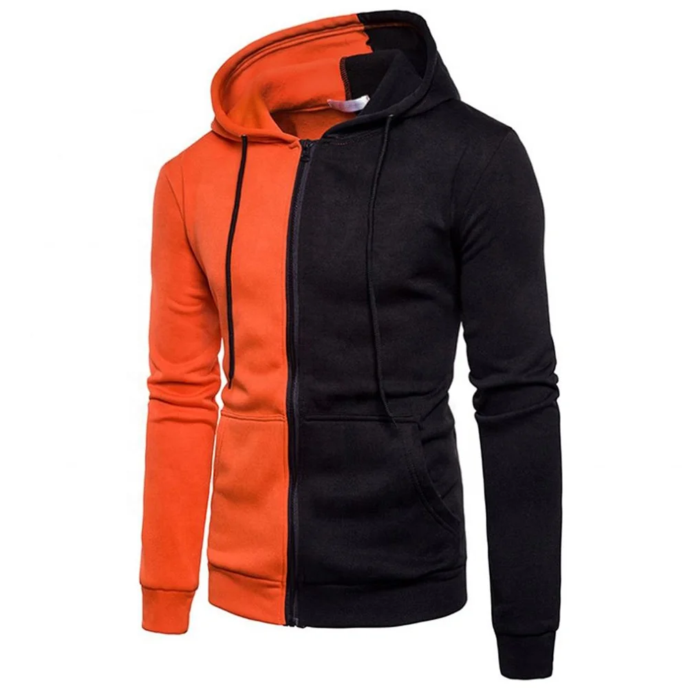 Mens Custom Brand Simple Stylish Warm Long Sleeve Kangaroo Pockets Two Tone Zipper Hoodie