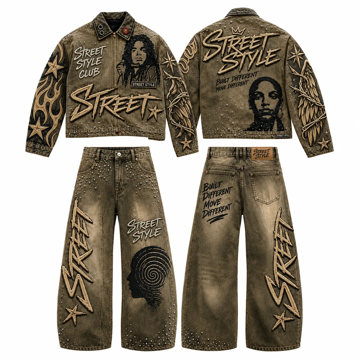Custom Vintage Style Embroidery Washed Denim Tracksuit 100% Cotton Graphic Print With Rhinestone Wide Leg Jeans Set For Unisex