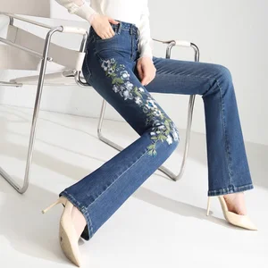 Women's Heavy Embroidery Ethnic Style Elastic Flared Trousers Embroidered Jeans Embroidered High Waist Slim