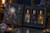 deep midnight blue, antique ivory and muted bronze