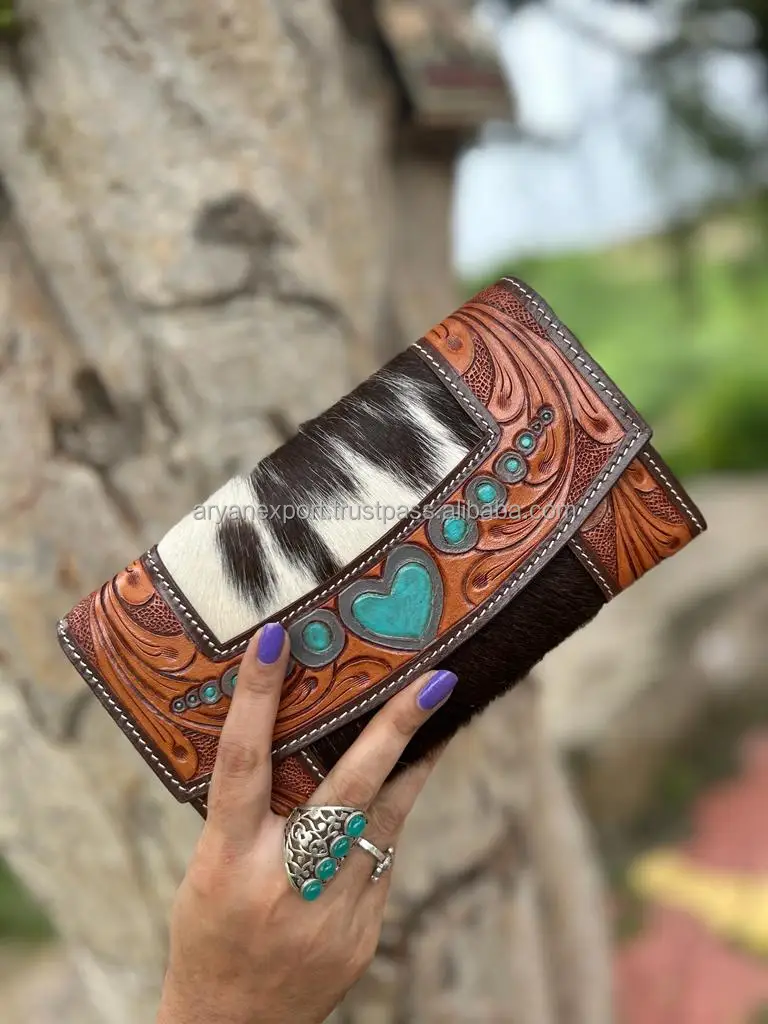 Portafoglio Clutch Ariat Lorelei In Vera Pelle, Borchie E Nappa Turchese, Marrone Chiaro