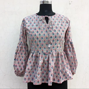 Casual Floral Embroidered Tank Top Hand Block Printed Cotton Blouse Long Sleeve Floral Print Embroidered Top For Women