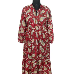 Autumn/Summer Women's Cotton Tier Dress Hand-Block Printed 100% Cotton Maxi Dress Solid Pattern Sustainable Washable