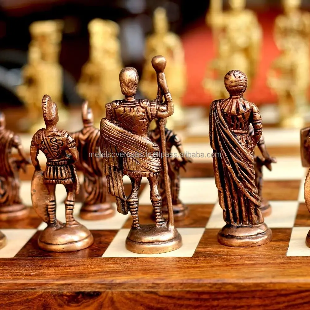 Premium Roman Chess Set with Brass Sculpted Pieces in Ancient Roman Style and Wooden Board for Kids Professionals and Adults