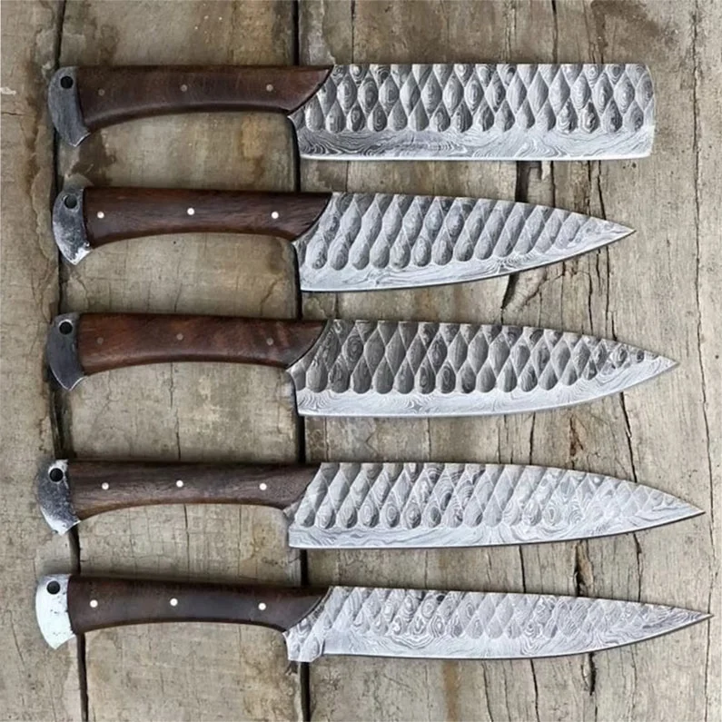 Набор кухонных ножей ручной работы из дамасской стали, набор из 5 кухонных ножей для барбекю, с кожаным чехлом