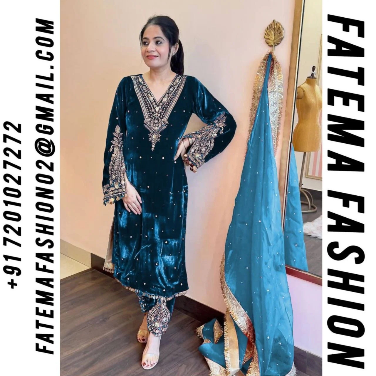Pakistani Designer Velvet Suit Zari Embroidered Velvet Partywear Dress with Bell Sleeves Readymade 3 Piece Velvet Suit