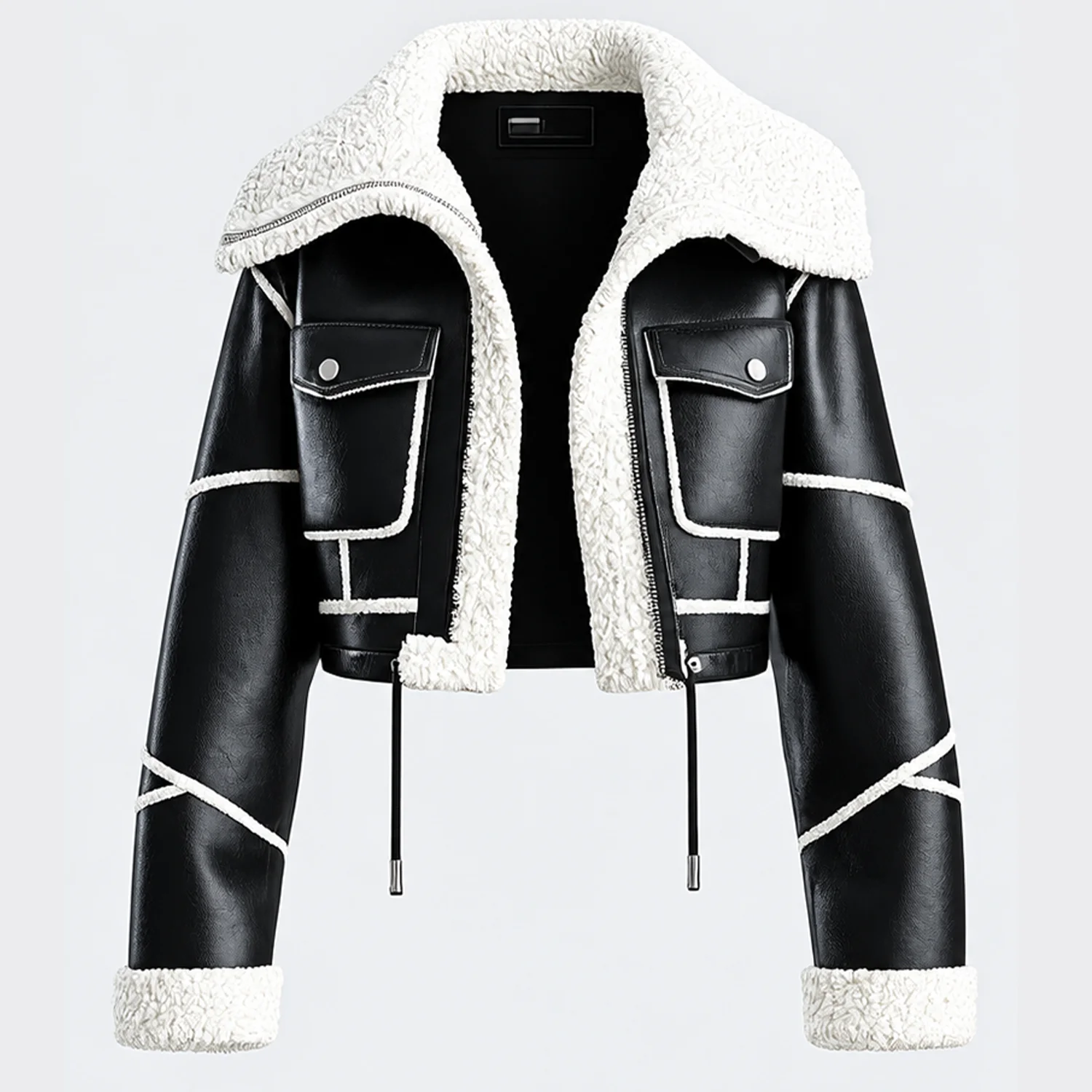 Custom Black Faux Leather Jacket with White Shearling Fur Collar and Cuffs Cropped Fit Biker Style Outerwear for Womens Outfit