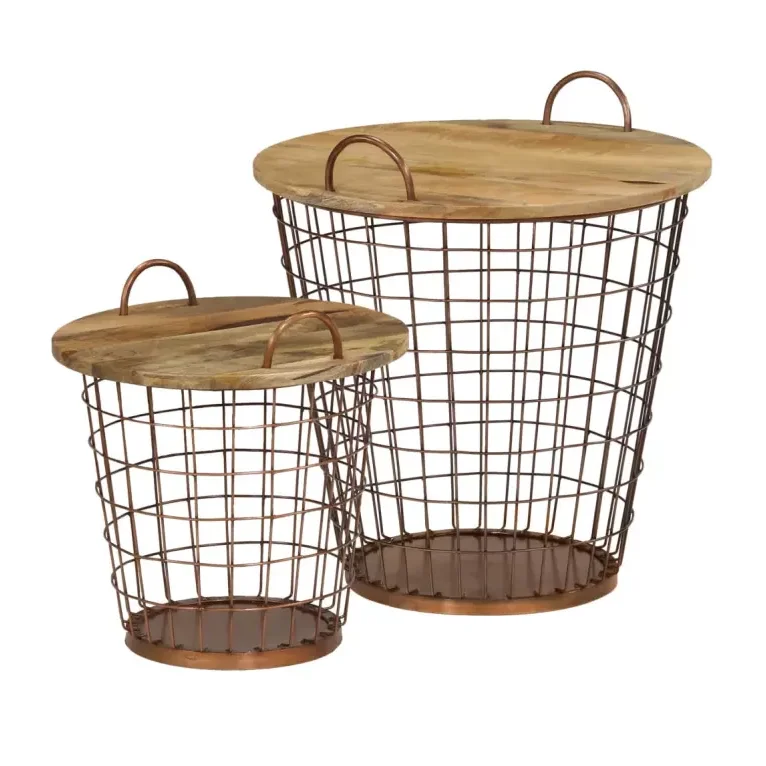 Iron Wire Basket Table With Mango Wood Top Round Shaped Metal Iron Wire