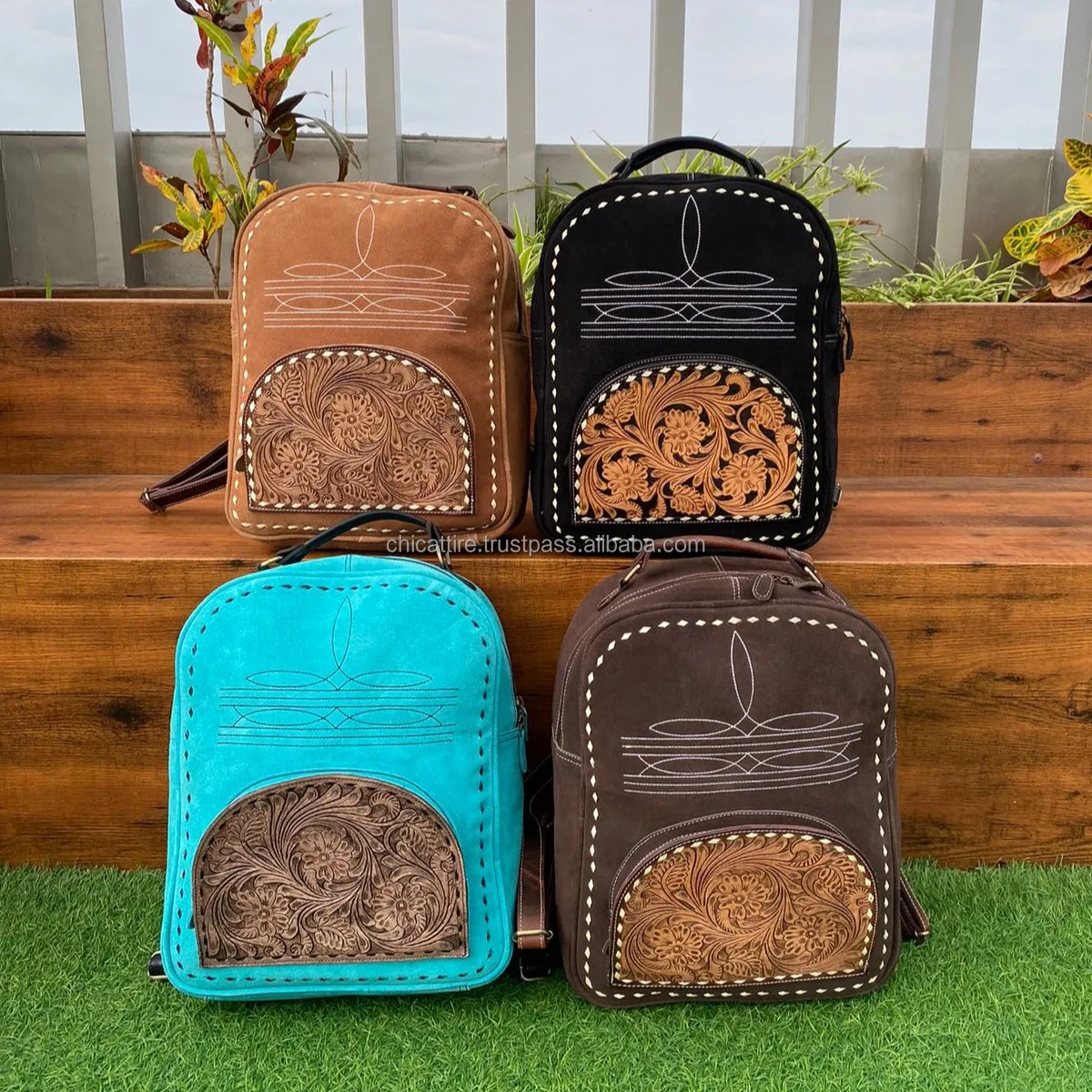 Hand Tooled Blue Suede Leather Boot Stitch Backpack Western Floral Concealed Carry Travel Luxury Cow Leather Laptop Backpacks