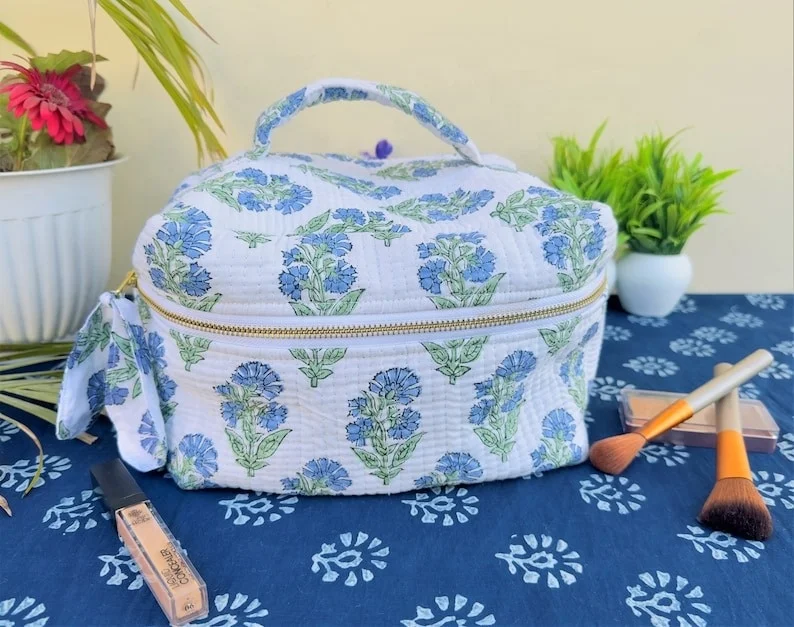 Hand Block Printed Vanity Bag for Women Travel Cosmetic Pouch Block Print Make up Pouch for Travel